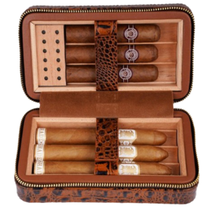 PREMIUM TAN LEATHER CROC 6 CIGAR TRAVEL HUMIDOR
